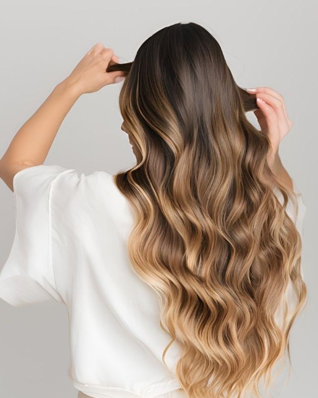 Melena larga con balayage en tonos miel y rubio hecho en Urban Beauty